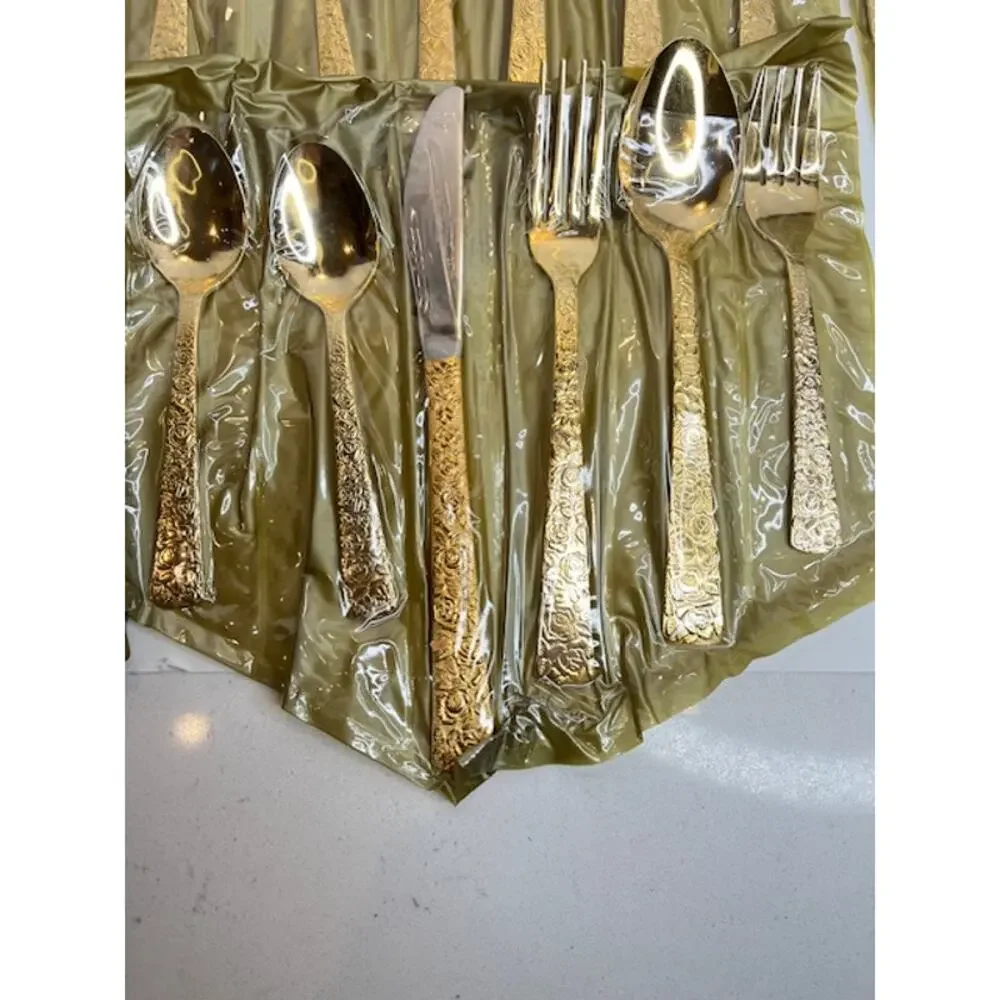 Vintage 1968 Cellini Romanesque Roses Gold Flatware Set 44Pc Japan w/ Case